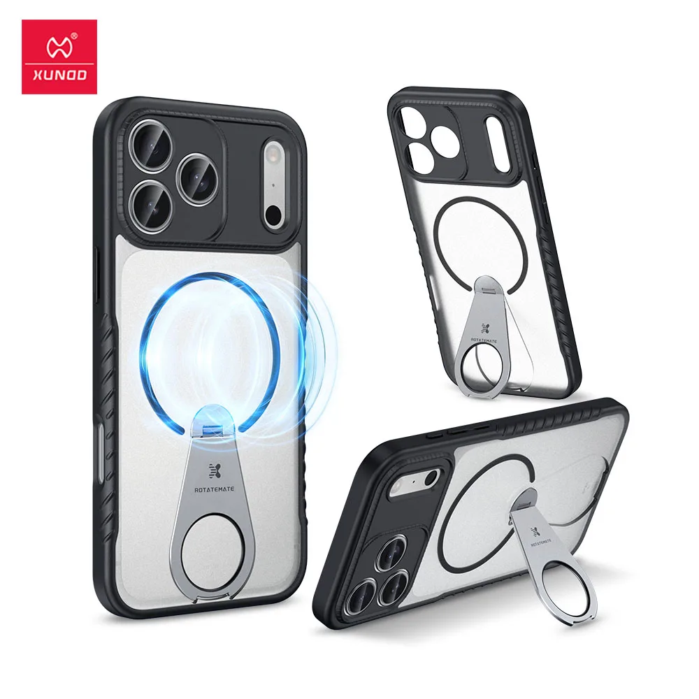 Xundd Magnetic Stand Case for iPhone 17 Pro/Pro Max,360° Adjustable, Anti-Fingerprint Matte Transparent Cover with Strong Holder