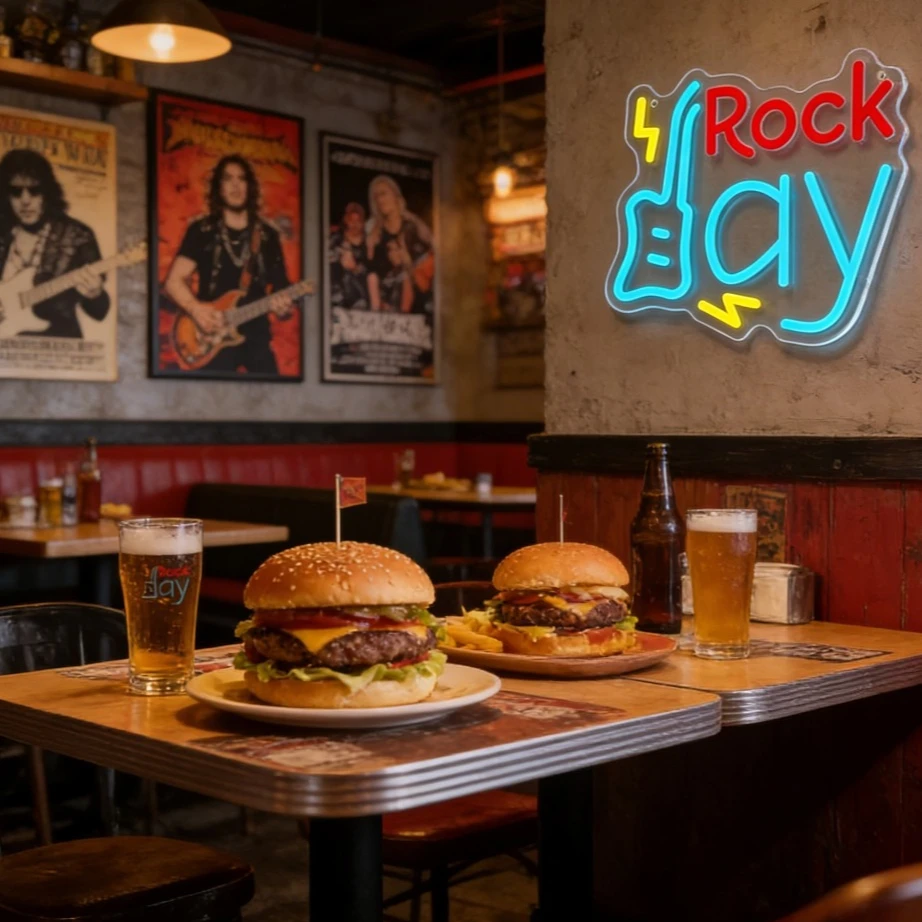 Rock Day Neon Sign LED Wall Art for Bedroom Night Light Home Bar Music Party Decor Rock Music Theme Party Gift for Music Lovers