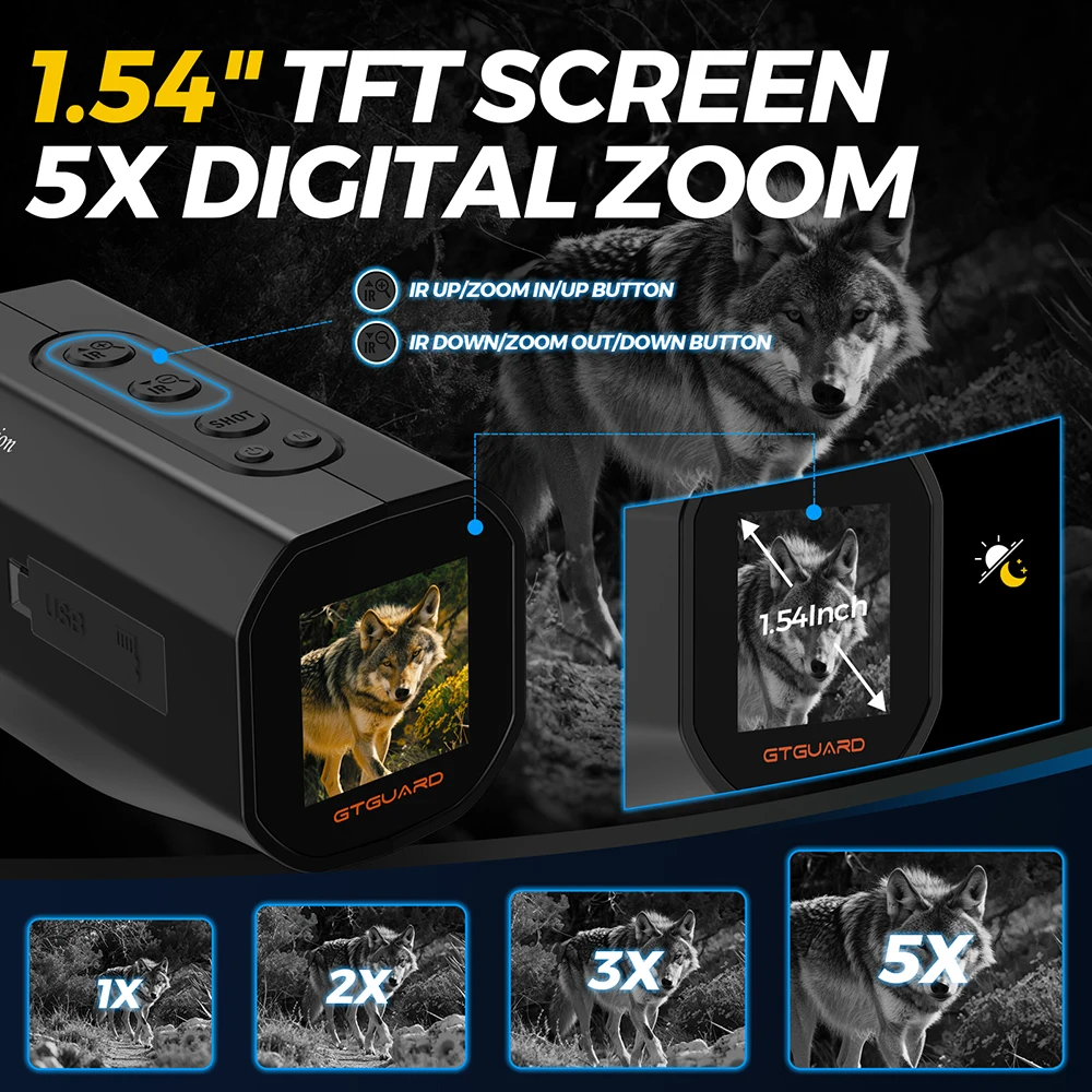 Night Vision Monocular 1080P 300M 5X Zoom IR Night Vision Goggles for Hunting Camping GTGUARD N3