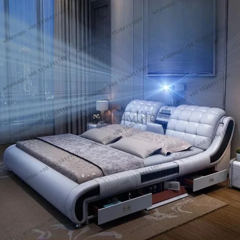 LJY Multifonction Aesthetic Double Bed Under Storage Twin Salon Double Bed Luxury Frame Leather Lit Deux Place Home Furniture
