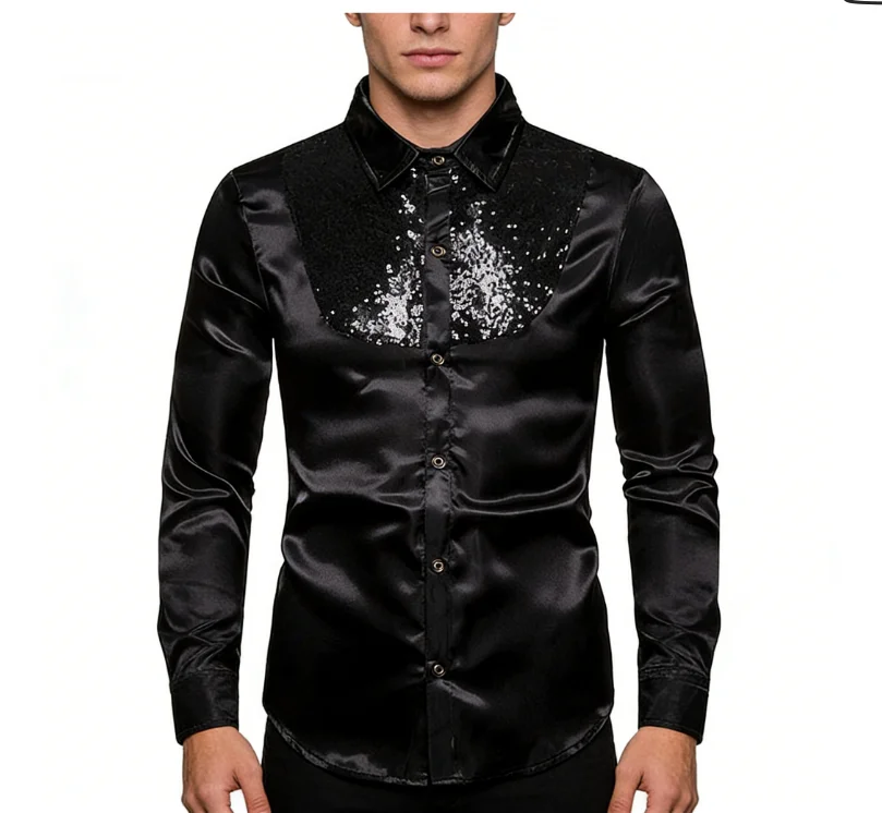 New Men's Shirt Sequined Performance Nightclub Men's Host MC Men's Lapel Long Sleeve Solid Color Shirt Mens Dress Shirts