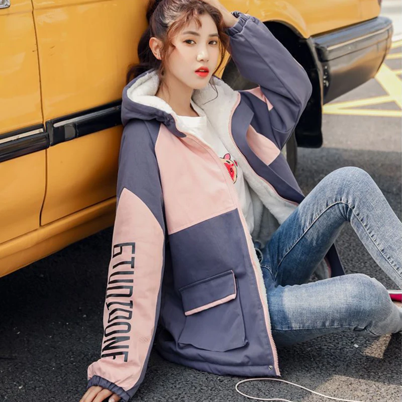 Winter New Women Hooded Parkas Plus Fleece Windproof Warm Snow Wear Woman Trend Contrast Color Big Pocket Cotton-Padded Jacket