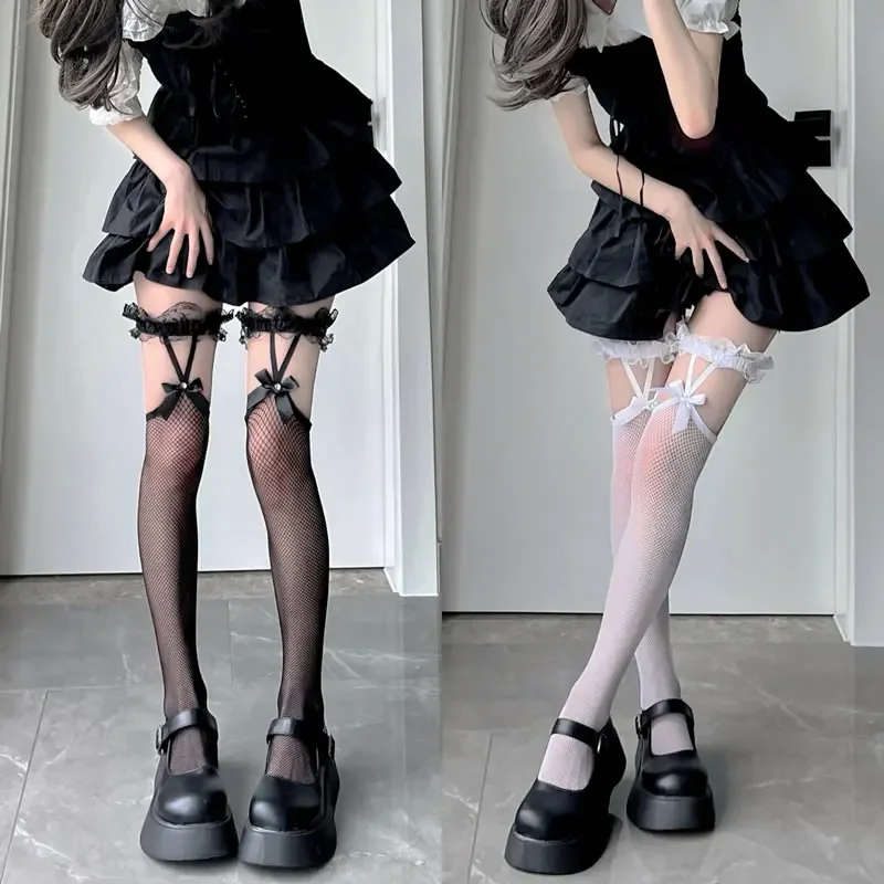 Sexy Mesh Fishnet Coxa Meias Altas, Meias Longas JK Lolita Girl, Suspensor de laço bowknot estilo japonês, Meias altas de joelho