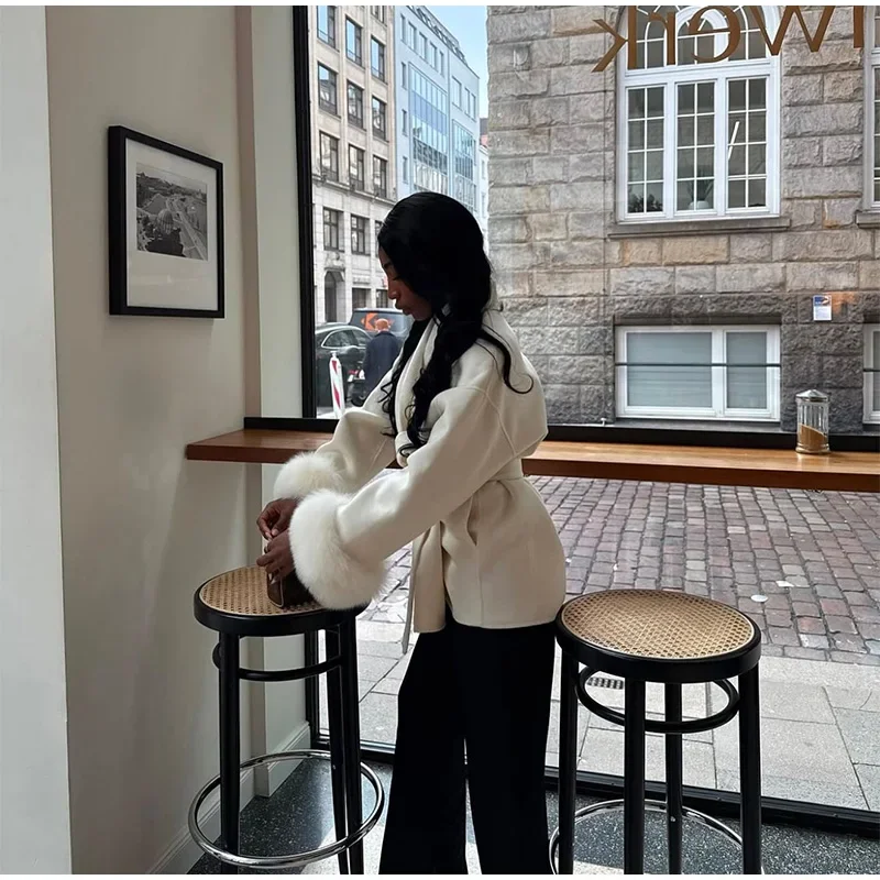 2026 Chic Lapel Plush Coat With Belt Women Vintage Solid Faux Fur Sleeve Tweed Open Coats Female Autumn Casual Street Outwear