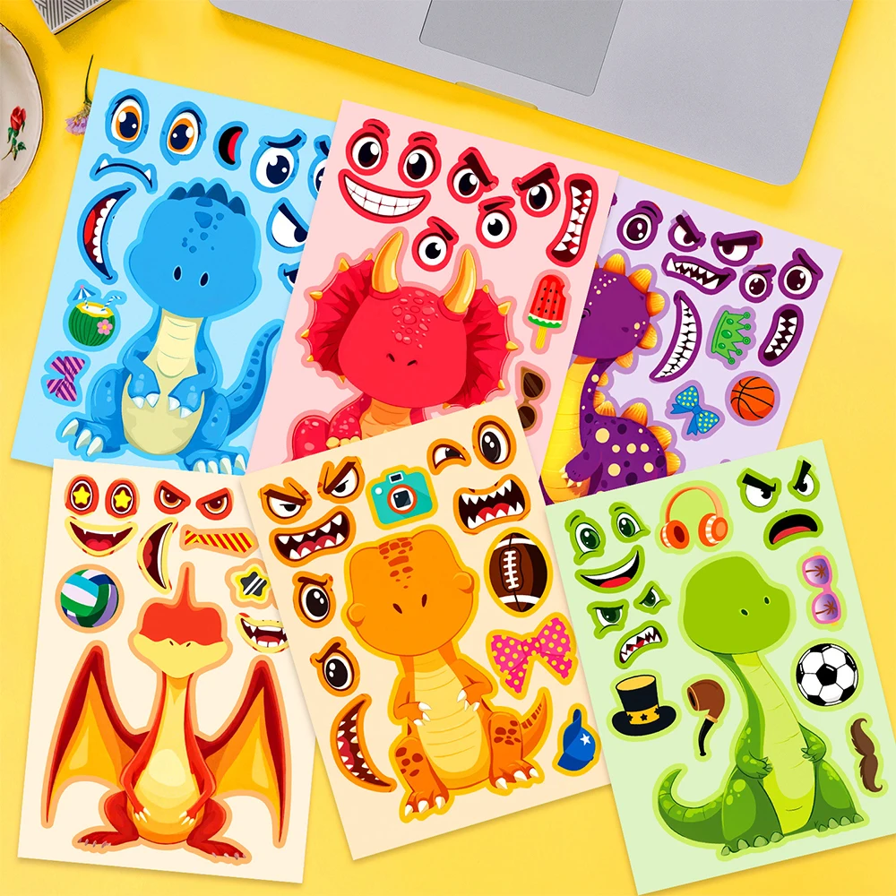 6/12sheets DIY Make a Face Dinosaur Puzzle Stickers Cute Children Assemble Jigsaw Cartoon Decals Kid Education Toy Party Gift