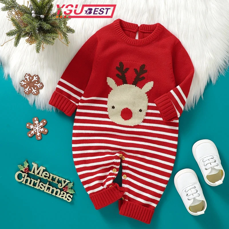 

Toddler Christmas Deer Knit Rompe Red Christmas Jumpsuit Baby Girl Boy Winter Clothes Newborns Girls Boys Clothes Knit Romper