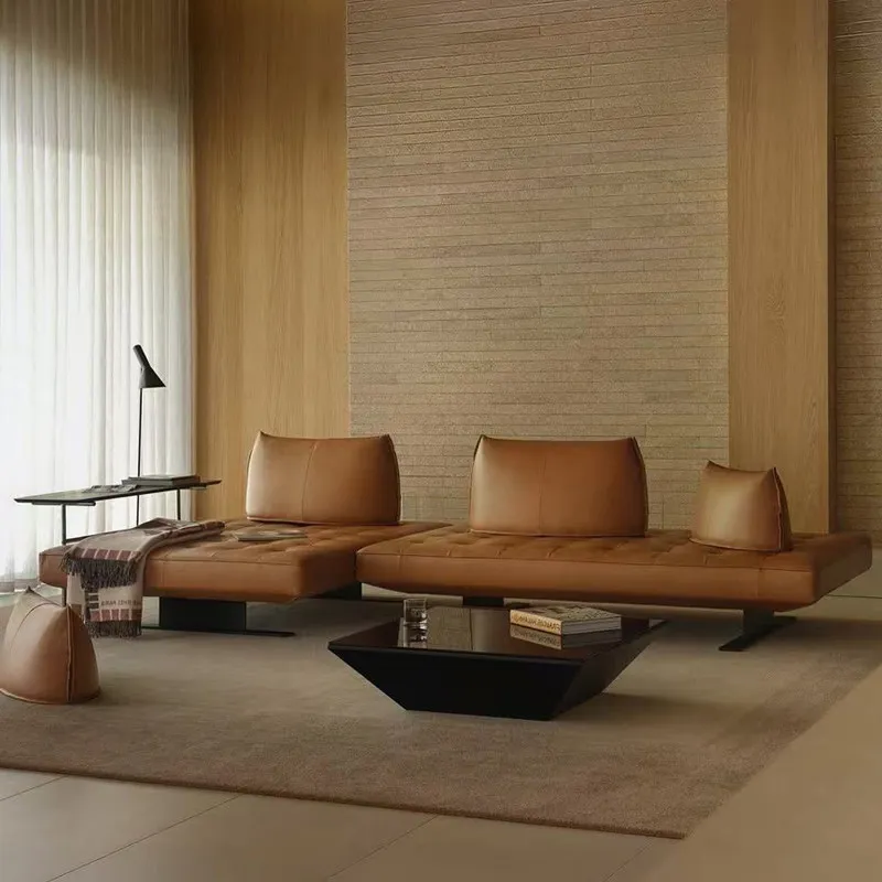 Oil wax leather leather small apartment living room movable backrest double-sided corner sofa