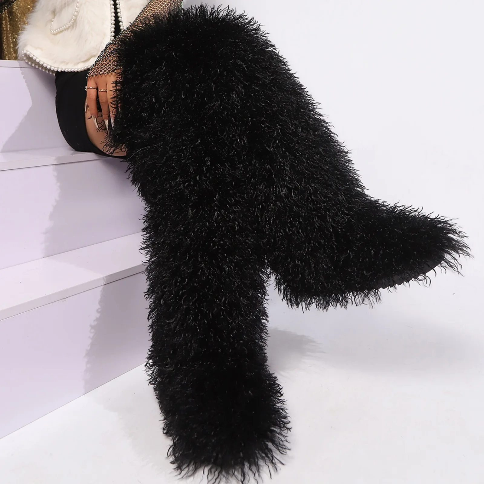 

Mongolian Fur Boots Thigh High For Women Winter Plus Size 46 2025 New Flat Heel Long Fluffy Boots