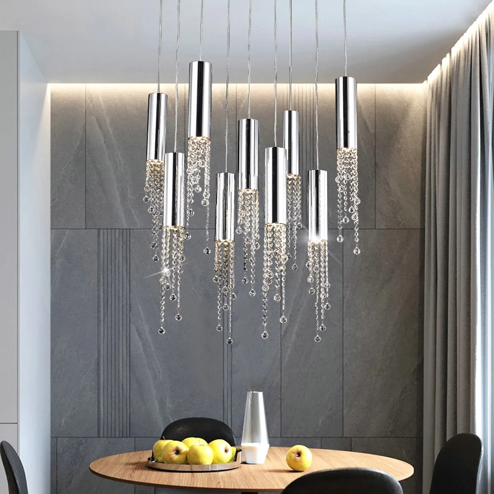 

Modern Chrome Crystal Led Chandelier For Dining Room Long Loft Staircase Large Hall Lobby Kitchen Island Indoor Lighting