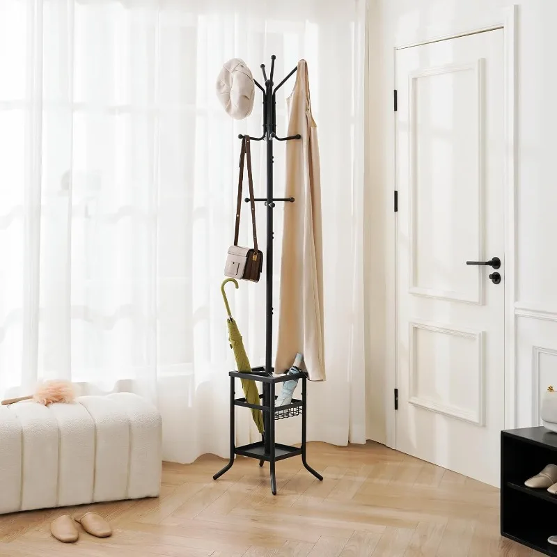 Coat Rack Freestanding, Coat Tree with Umbrella Holder, Metal Coat Rack Stand with 12 Hooks, Modern Coat Hanger Stand