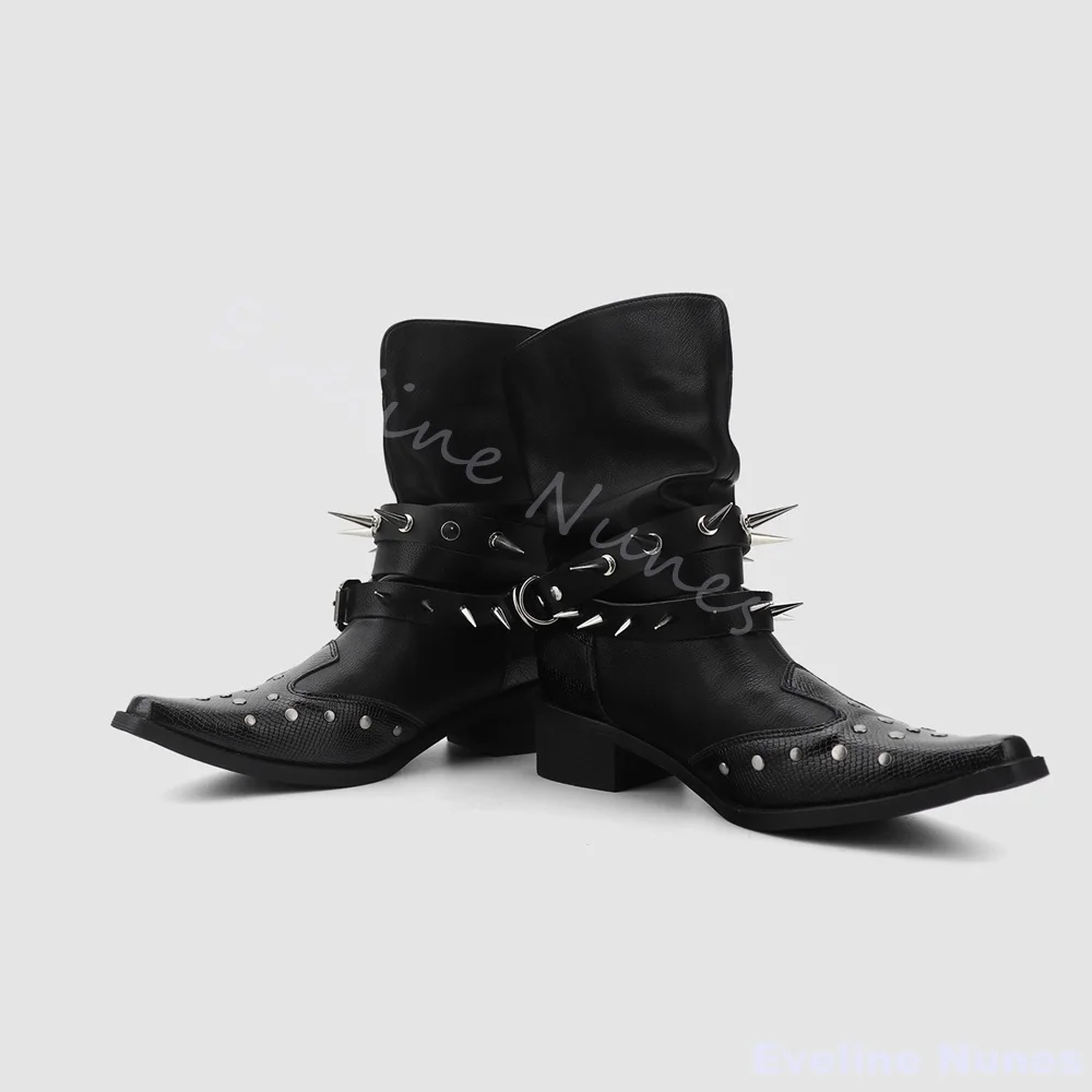 

Gothic Dark Rivet Punk Knight Boots Women Pointed Toe Slip On Chunky Heel Belt Buckle Mid Calf Boots 2025 Western Cowboy Boots