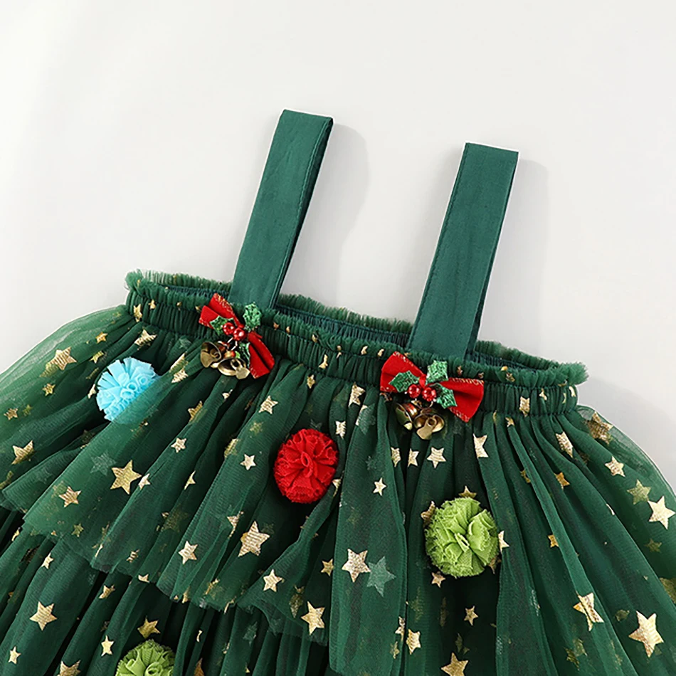 Elegant Kids Christmas Tree Themed Layered Net Halter Dress Cake Skirt Magical Holiday Experience Girls Casual Dresses