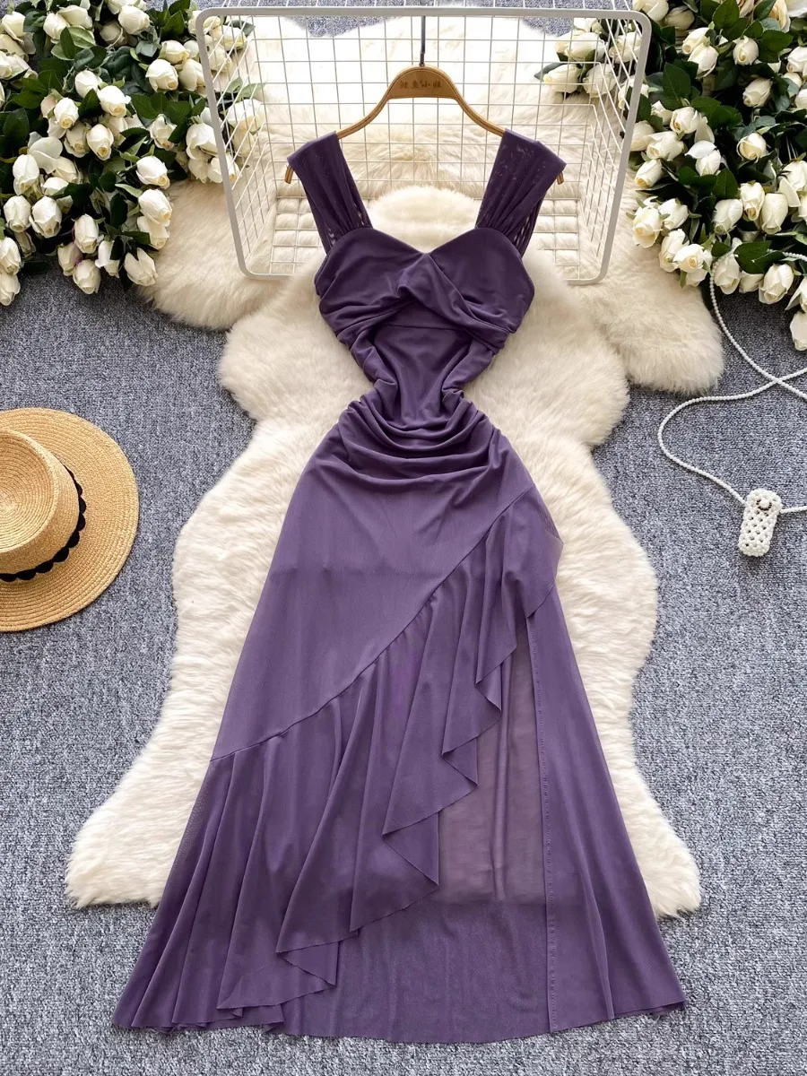 Foamlina Fashion Muse Design Kink Suspender Waist Irregular Ruffle Dress Women's French Mesh Midi Boho Holiday Dresses