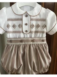 0-6Y Boy Summer Grey Smocked White Outfit Suit for Birthday Party Photograph A81