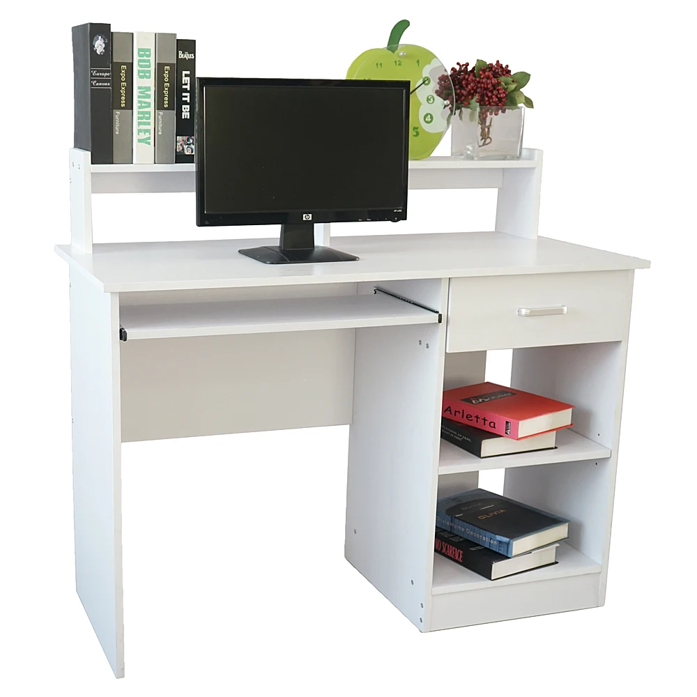 

White Computer Desk with Keyboard Tray, 2-Tier Storage Shelf Modern Simple Study Desk, Home Office Laptop Writing Table with Drawer, Multi-layer PC Workstation Desk for Bedroom Living Room Office Study Room Minimalist White Gaming Computer Table
