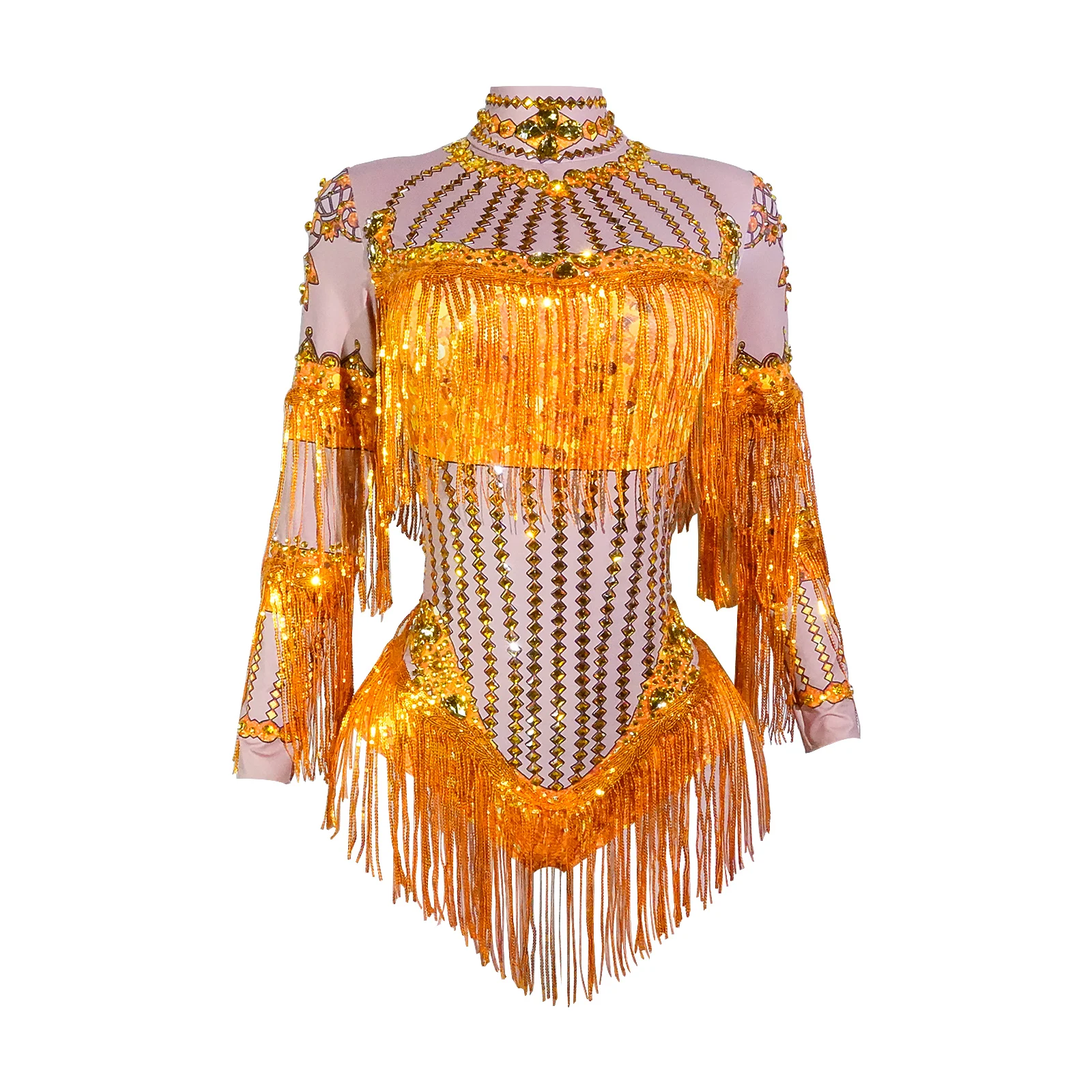 

New Sexy Orange fringed Rhinestone Bodysuit Party Singer Bar Dance Stage Going Out Outfits Perform Nightclub Drag Queens Costume