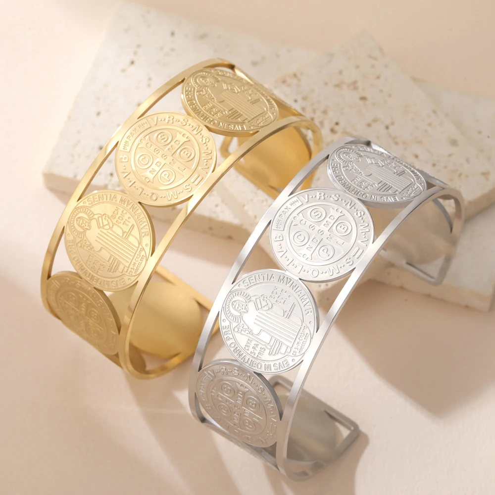 Dawapara Saint Benedict Bangle for Men Women Cuff Bracelets Religious Christian  Protection Catholic Jewelry Stainless Steel