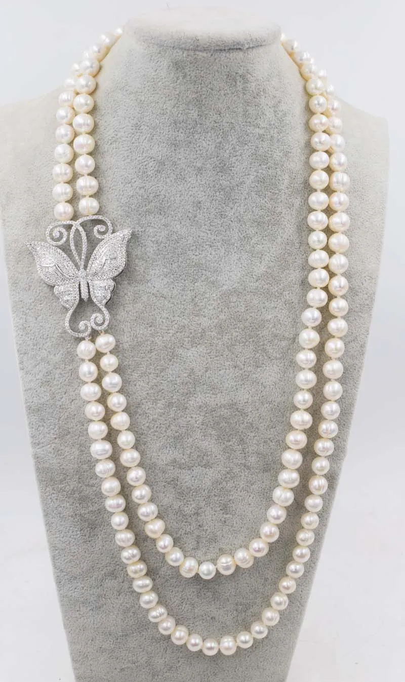 

freshwater pearl near round 9-10mm white necklace butterfly zircon pendant 28-30inch wholesale beads nature woman