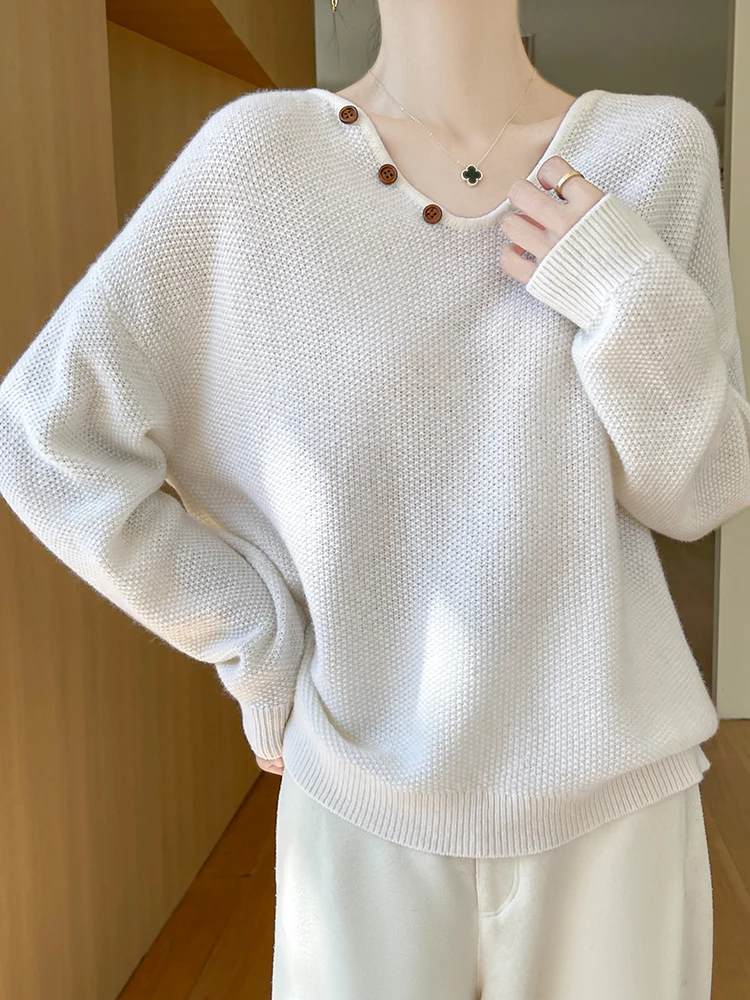 TLOML Women V-neck Pullover Sweater 100% Merino Wool Knitwear Autumn Winter Chic Loose Grace Style Cashmere Sweater Female Tops