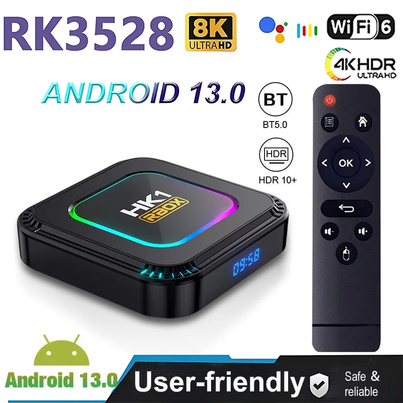 HK1 RBOX Android 13.0 Smart TV BOX ARM Cortex A53 2/4GB RAM16/32/ 64GB 8K 24fps 3D Wifi 6 2.4G &5G For Google Media Player