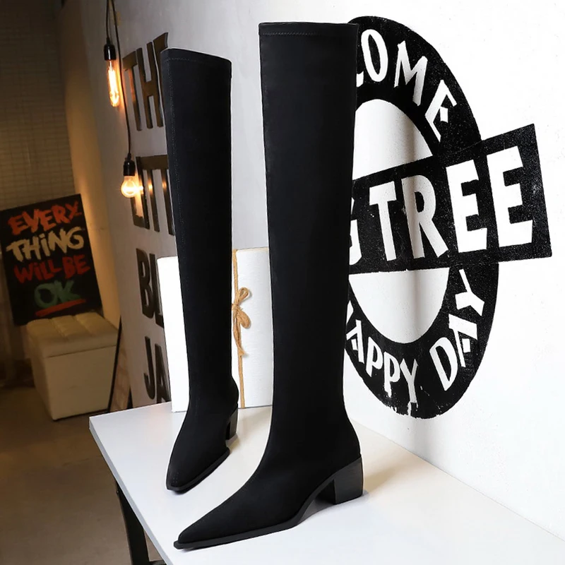 

Обувь BIGTREE, облегающие сапоги выше колена, женские замшевые пикантные длинные сапоги, модные зимние сапоги, осенне-зимняя обувь на толстом каблуке