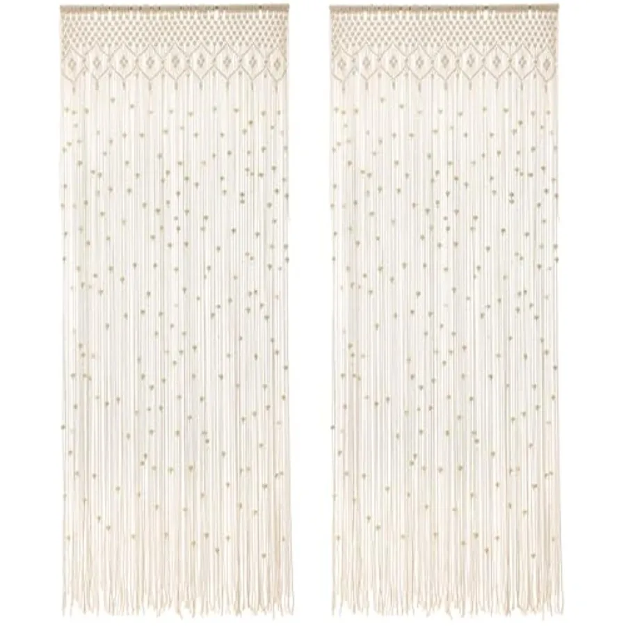 Boho Macrame Beaded Curtain Handmade Door Closet Curtain with Wooden Beads for Window Doorway Open Closet Bedroom Living Room P