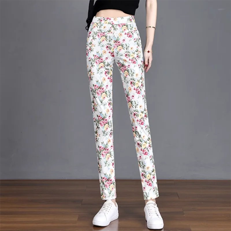 新しい春夏のファッション女性パンツスリムオールマッチ花プリントタイトなペンシルパンツ拡張ハイウエスト女性のズボン