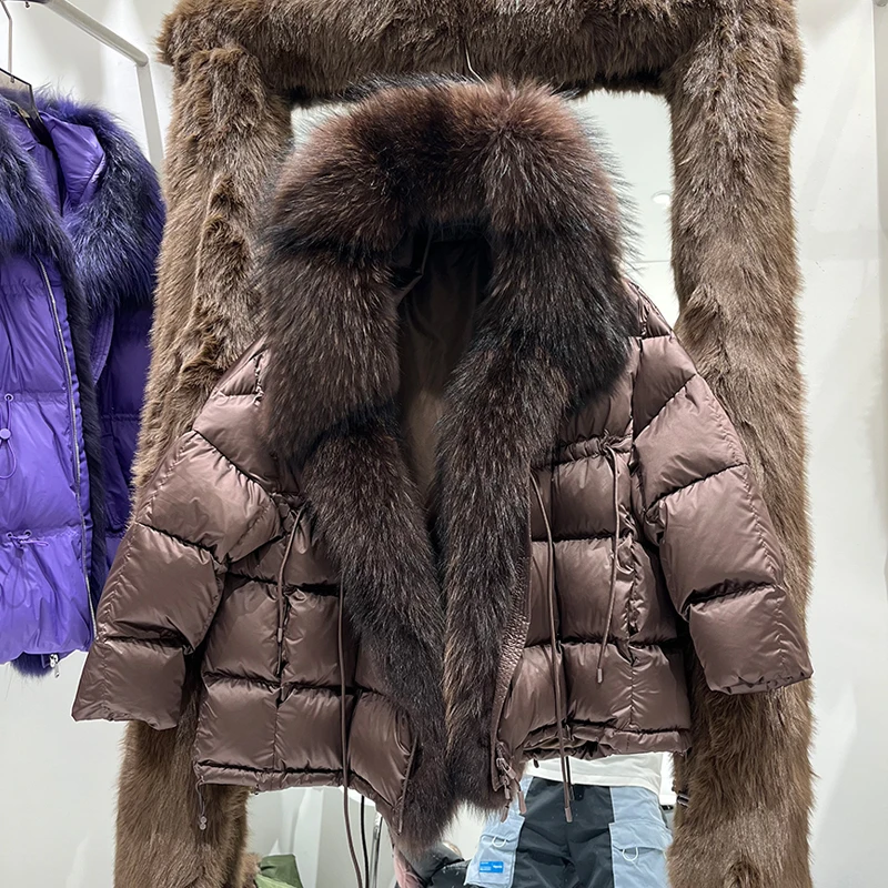 

Зима 2025 г., женская длинная пуховая куртка из атласного мехового воротника, корейская теплая ткань с металлическим зубчатым воротником для поездок на работу