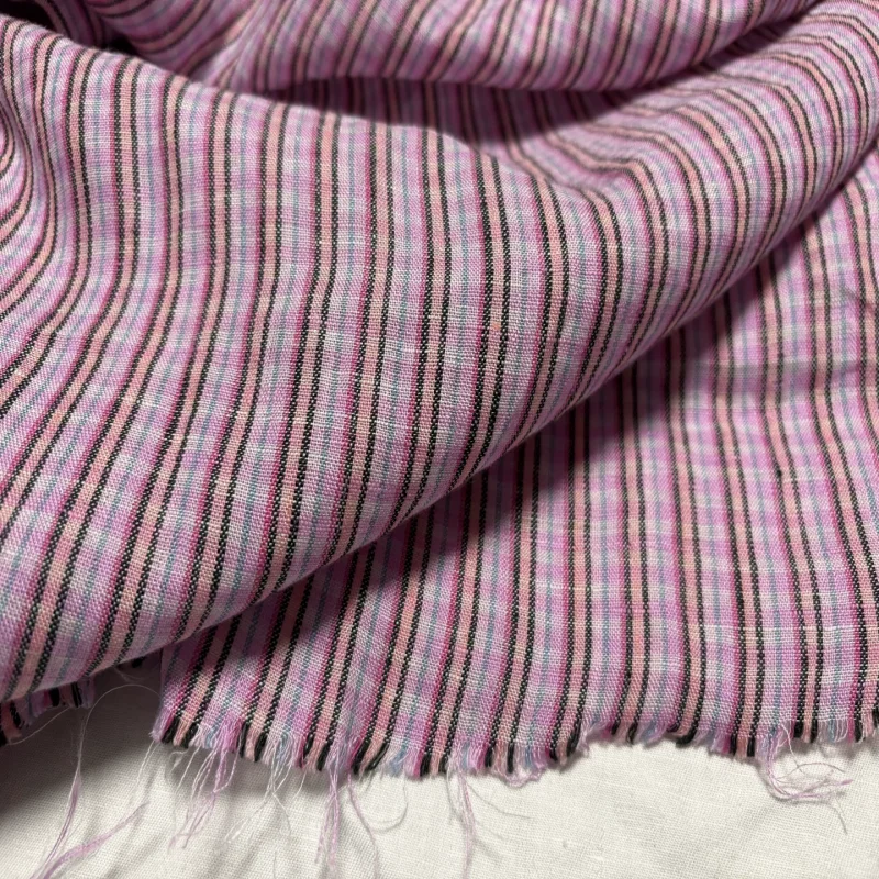 Fermented and dyed pure linen pink striped fabric, suitable for clothing sewing and DIY fabric use