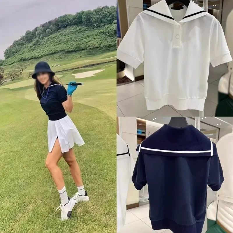 

24 Summer Golf Clothing Ladies GOLF College Wind Reduced Age Skinny Splicing Knitted Navy Neck Short Sleeve T-Shirt