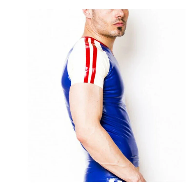 

Футболки из латекса, топы с короткими рукавами, синие с белыми плечами, ручная работа, на заказ, 0,4 мм