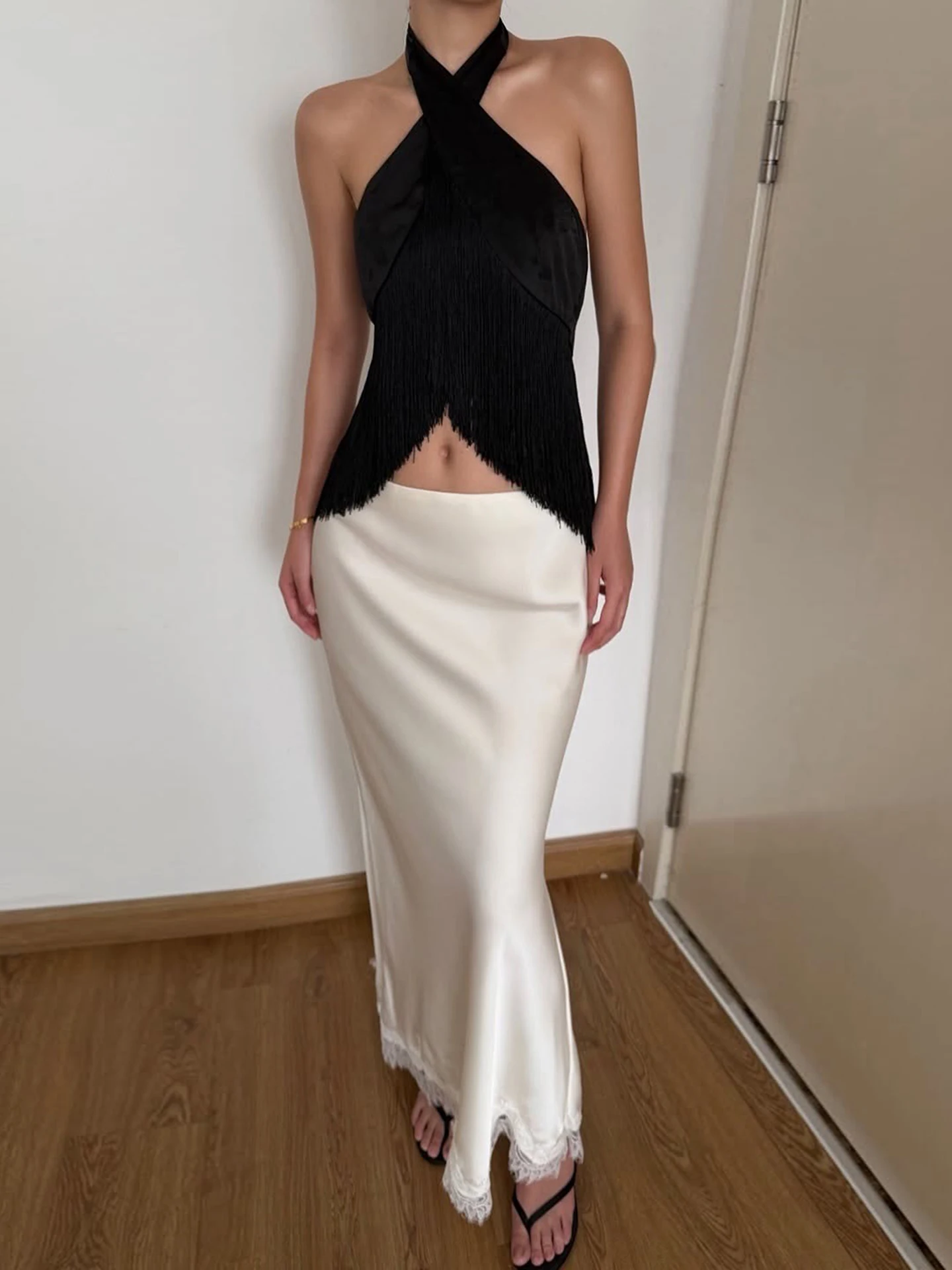 Sisterlinda Sexy Vest Women Irregular Tassel Hem Button Cross Halter Backless Music Festival Midnight Hip-Hop Style Hottie Tops