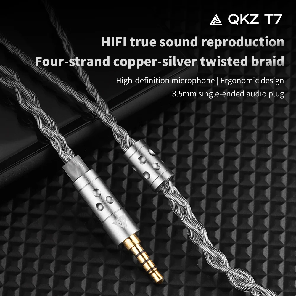 QKZ T7 3.5MM AUX Plug Earphone Upgrade Wire Earphone Silver Plated Upgrade Cable Original 4 Core QDC 2PIN With Mic Upgrade Cable