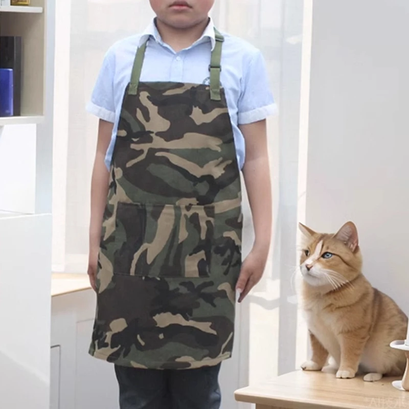 Camouflage Apron Thick Canvas Carpentry Work Clothes Hanging Neck Front Pocket Cotton Apron Children Kid Smock Art Class Sarong