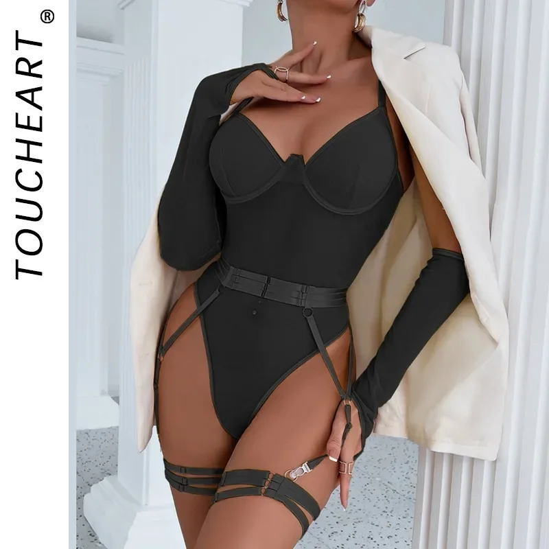 

Toucheart Sexy Lingerie Onesie Suit for Women Solid Color Mesh Lace Up See-through Underwear Suit Sexy Gloves Garters Underwear