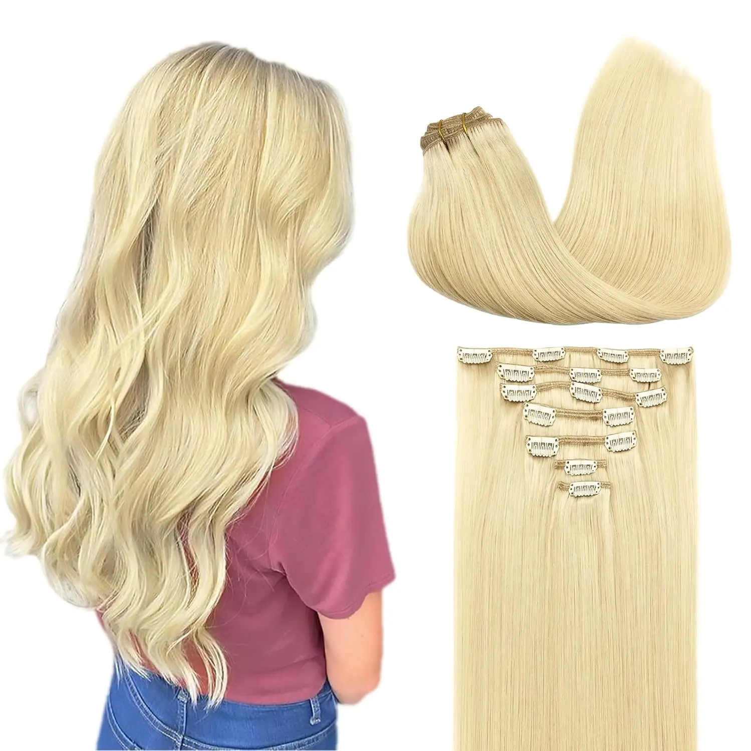 Extensions de Cheveux Humains Lisses à Clips pour Femme, 120g, 18 à 24 Pouces, Noir Naturel, 613 Blond, Brésilien, Remy, 7 Pièces/Ensemble