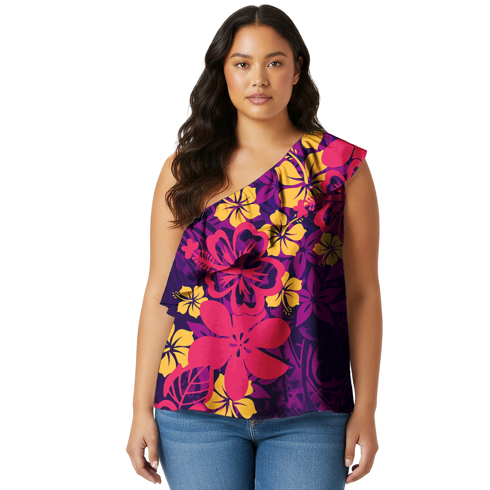 

Custom Ladies Cascading Ruffle Blouse Hawaii Beach Floral Style Shirt Samoa Polynesian Women Elegant Island Cold Shoulder Top
