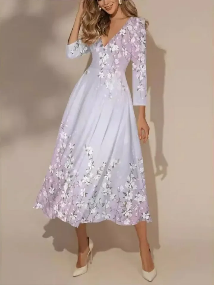 Women's Elegant Floral Print Dress Fashion V Neck Long Sleeve Loose Dresses For Women Casual Party Skirts Womens Clothing Spring