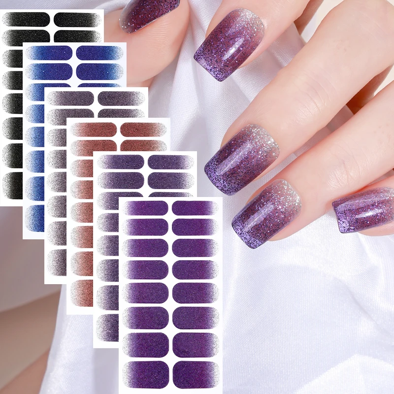 Adesivos de Unha com Glitter Gradiente 16Tips, Cobertura Total, Faixas de Esmalte Brilhantes, Longa Duração, Autoadesivos, Arte de Manicure DIY, Decor
