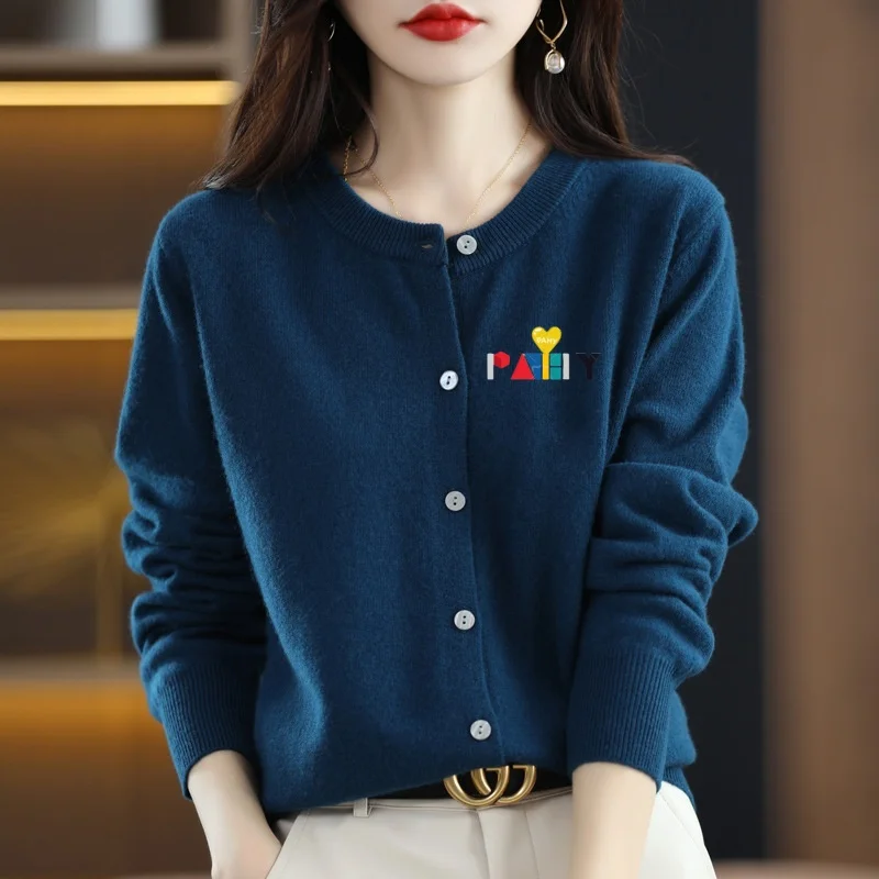 Fashion Long Sleeve 100% Pure Merino Sweaters Wool Spring Autumn Cashmere Women Knitted O-Neck Top Cardigan Clothing Tops