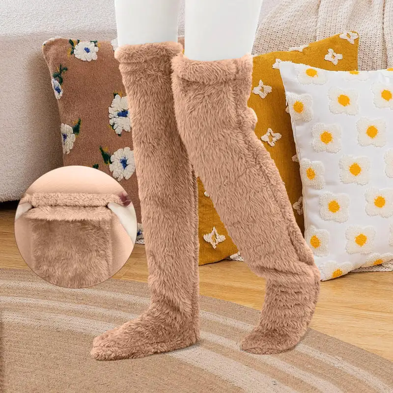 Fluffy Thigh High Socks Teddy Legs Snuggle Long Paws Fuzzy Leggings Over Knee Slippers Hairy Stockings Floor socks