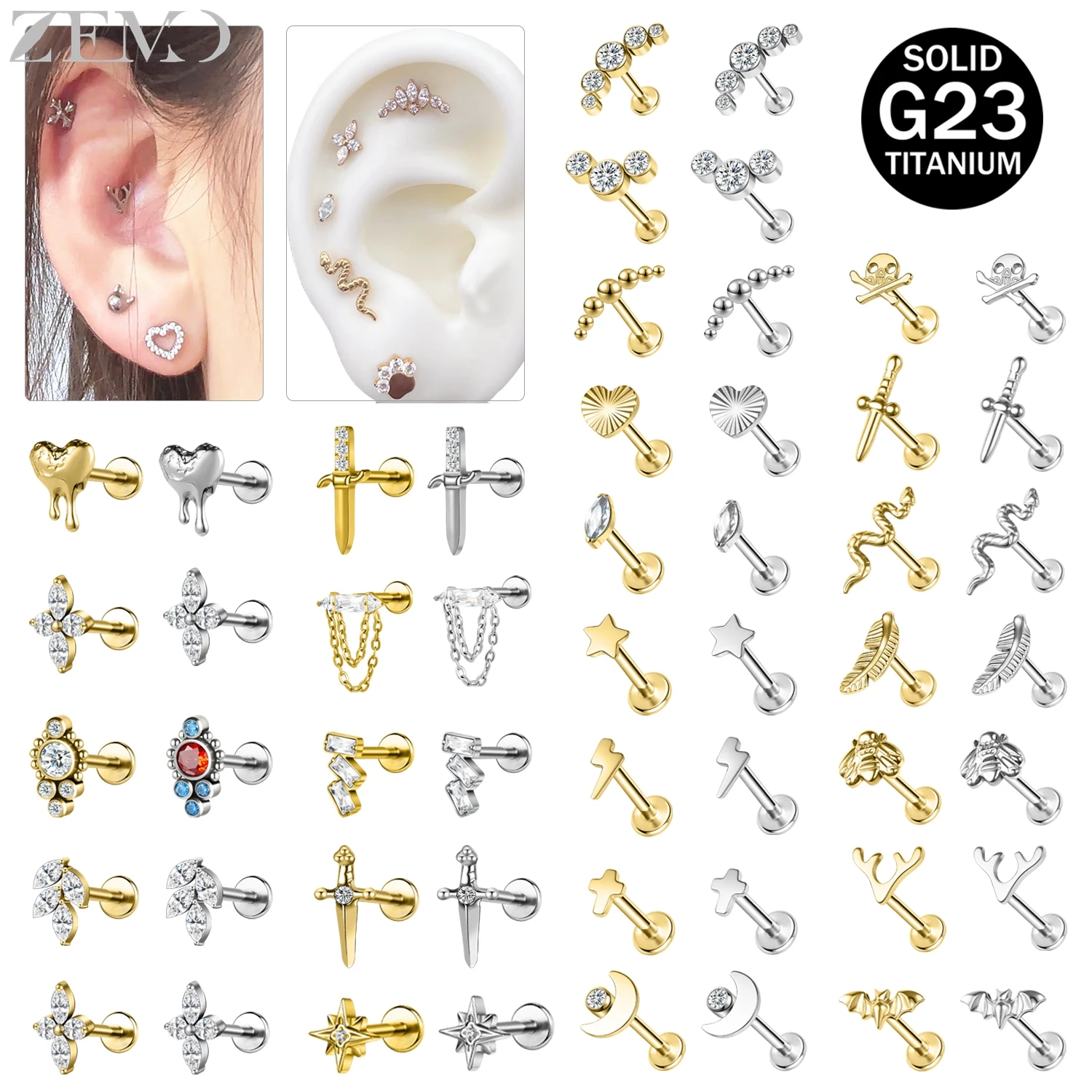 ZEMO 1 PC 16G G23 Titanium Steel Labret Lip Piercings CZ Crystal Lip Studs Snake Sword Skull Monroe Helix Conch Piercing Jewelry