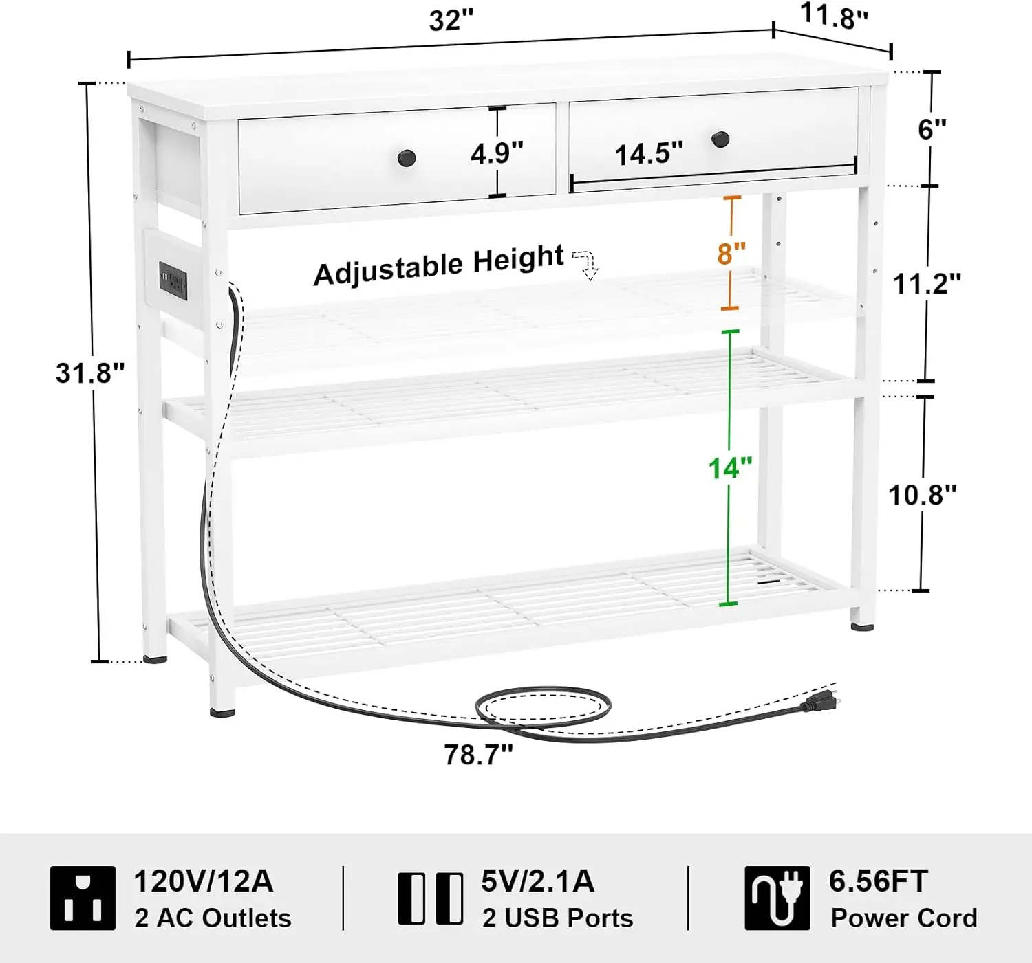 Mesa de entrada con salidas y puertos USB, mesa consola con 2 cajones, mesa de sofá pequeña con estantes de almacenamiento para sala de estar,