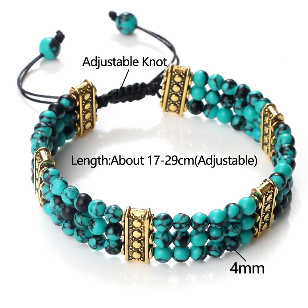 3 Rows Natural Stone Beads Bracelet Turquoise Natural Malachite Gemstone Crystal Rough Bracelet Women Men Reiki Healling Jewelry