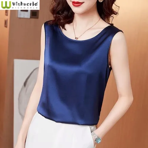 Imagen 1 del producto Chaleco de primavera y verano para mujer, traje de moda con tirantes de ocio y abrigo elegante de satén sin mangas con cuello redondo para mujer