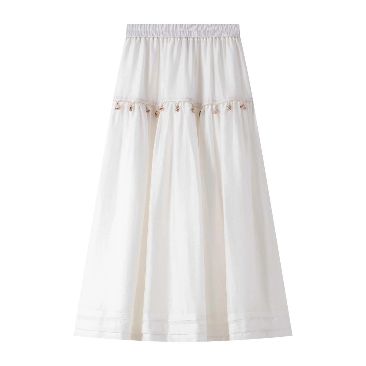 VIMLY Midi Skirts Women's Summer Bohemian 2025 Summer Bohemian Shell Woven White Loose Casual Bud Skirt Woman Clothing A1893