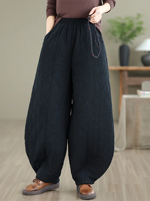 Women's Winter Thickened Cotton-Polyester Blend Thermal Lantern Pants Original Retro Stitched Cotton Fleece Diamond Pattern O...