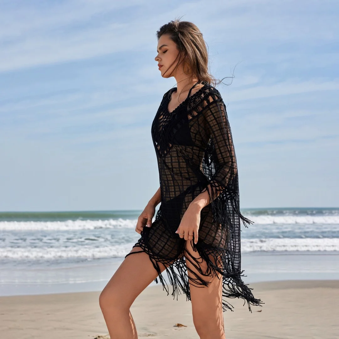 

Black Crochet Bikini Cover Up With Fringe Trim Women Sexy Hollow Tunic Beach Dress