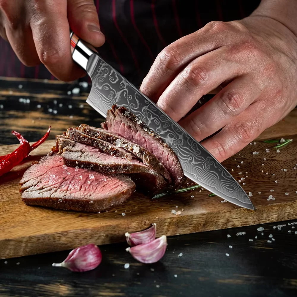 Profesjonalny zestaw noży kuchennych (1-8 sztuk) 67-warstwowa stal damasceńska: nóż szefa kuchni, Santoku, nóż uniwersalny, nóż do chleba, siekacz, nóż do obierania.