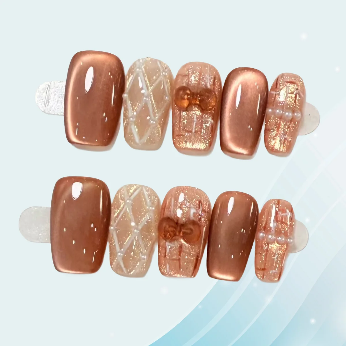 

10 шт., средние квадратные ногти ручной работы с ромбовидным узором, осень/зима, коричневый, кошачий глаз, пресс для ногтей для женщин и девочек, полное покрытие ногтей